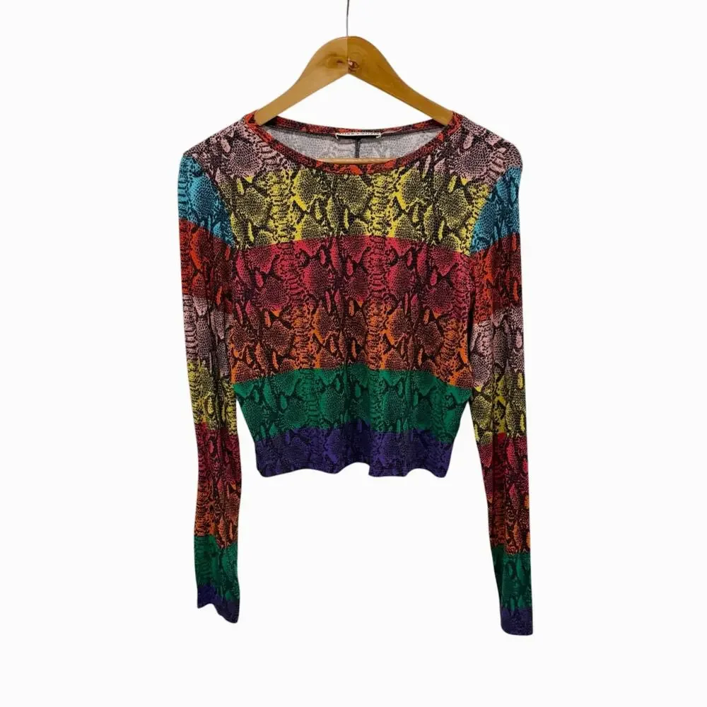 Alice + Olivia Rainbow Snake Stripe Top Women's Large Cropped Long Sleeve
